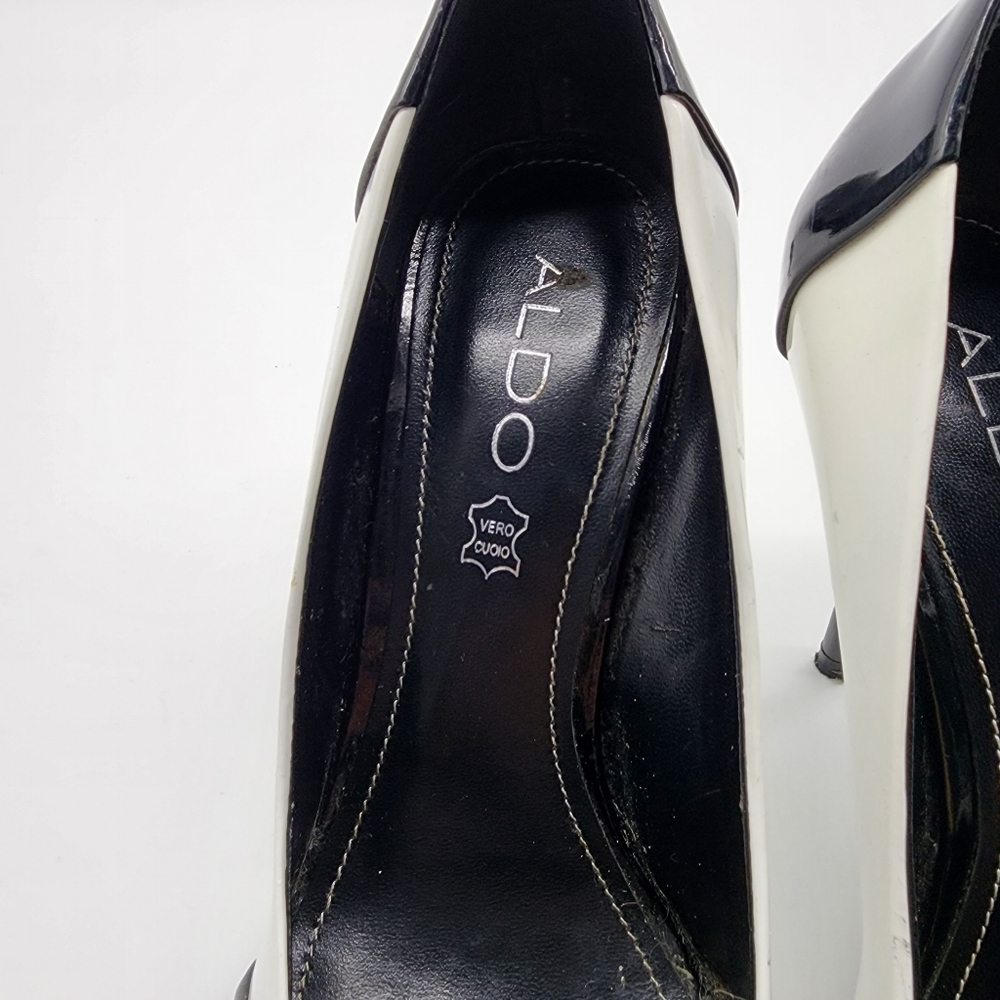 Aus6/ 37 Aldo Black and White Patent Leather Open Toe Heels Shoes - Picture 2 of 16